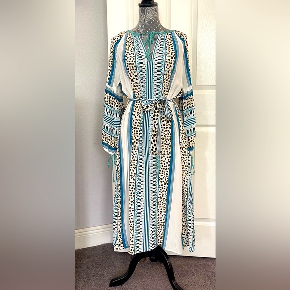 NWT D’Ascoli Maddy Striped Silk midi dress size large w/ waist tie and split hem - Picture 1 of 11